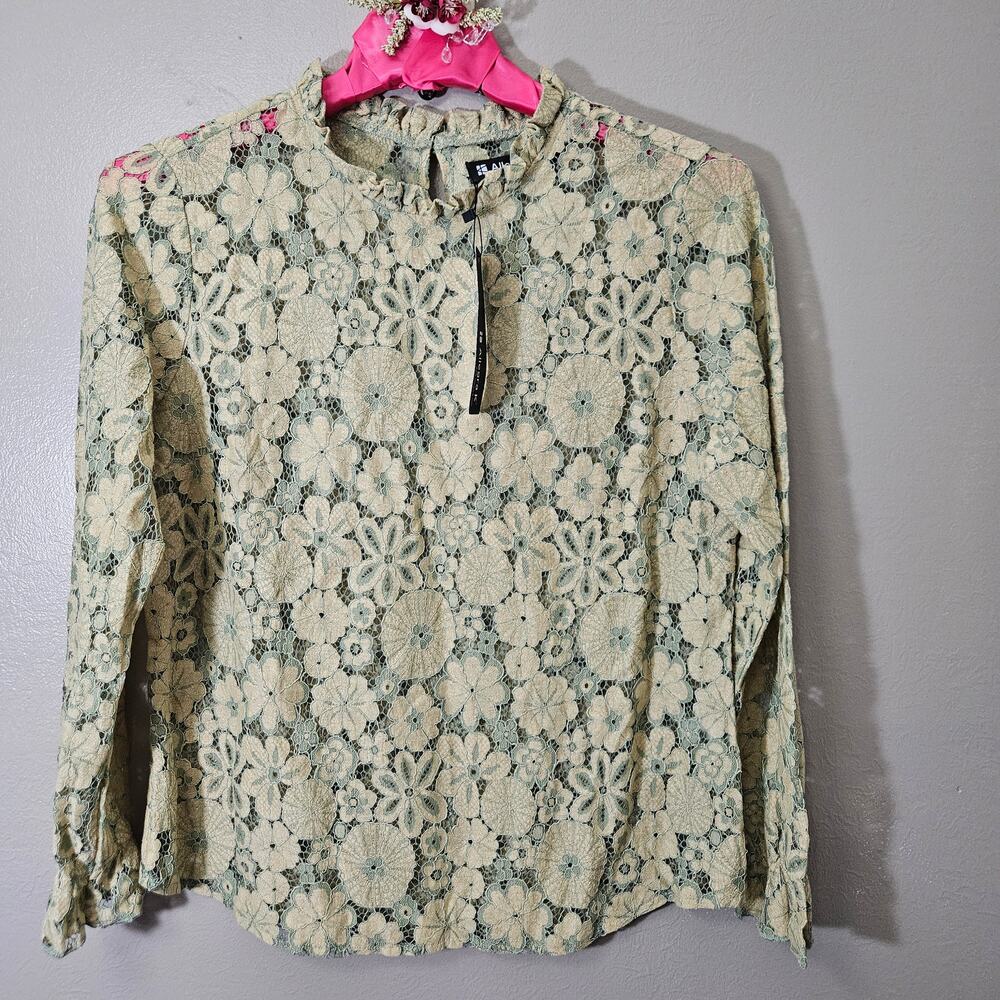 Allegra K NWT Green Beige Floral Lace Blouse L Sheer GoblinCore Romantic Earthy